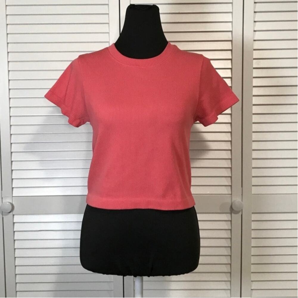 JoyLab Pink Crew Neck Ribbed Short Sleeve Cropped Activewear Tee Women L